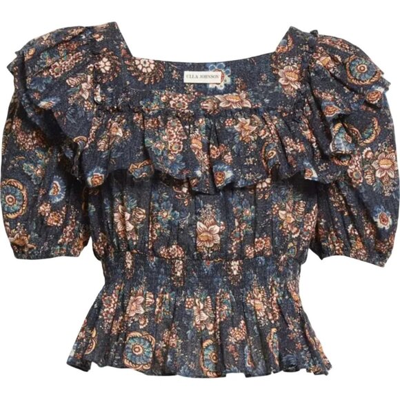 ULLA JOHNSON Warner Floral Ruffle Puff-Sleeve Peplum Blouse in Twilight SZ 2 - Picture 1 of 13